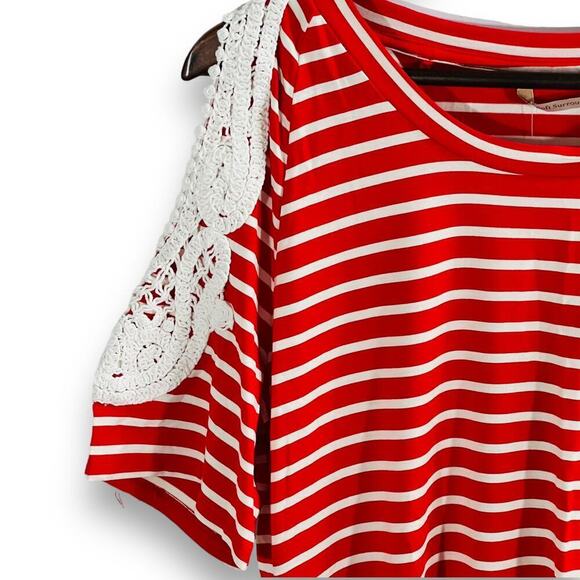 Soft Surroundings Red White Stripe Cold Shoulder Lace Trim Top PM - Picture 3 of 10